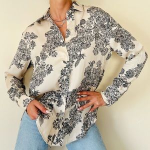 New H&M button down shirt floral print cream silky loose fit